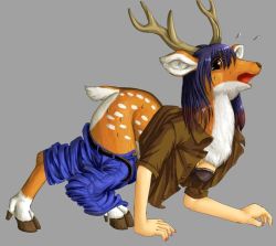  antlers deer edmol horns pants purple_hair shirt tagme transformation  rating:Questionable score:10 user:Lioncash
