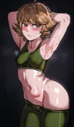 1boy armpits arms_behind_head arms_up blush breasts brown_hair bulge collarbone contrapposto covered_erect_nipples crop_top danganronpa:_trigger_happy_havoc danganronpa_(series) fujisaki_chihiro gradient_background green_eyes green_pants highres lalalalala_(aftertomorrow98) male_with_breasts navel pants shiny_skin short_hair small_breasts solo standing steam trap rating:Questionable score:72 user:danbooru