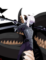 1girl absurdres ahoge armor axe bad_id bad_tumblr_id battle_axe blunt_bangs breastplate closed_mouth colored_skin commentary hair_over_eyes hands_up highres holding holding_weapon horns lamia monster_girl original over_shoulder plate_armor pointy_ears purple_skin reddgeist short_hair simple_background solo weapon weapon_over_shoulder white_background white_hair rating:Sensitive score:5 user:danbooru