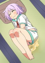 1girl barefoot bedwetting between_legs blush casual_peeing closed_eyes feet female_focus from_above full_body hand_between_legs kantai_collection lying minamimachi_naname necktie on_side peeing peeing_self pillow puddle purple_hair purposeful_wetting red_necktie shiny_skin shirt short_hair short_sleeves shorts sleeping smile solo tama_(kancolle) wet wet_clothes white_shirt white_shorts rating:Questionable score:27 user:AngryZapdos