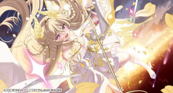  1girl arm_belt belt blonde_hair breasts butterfly_hair_ornament butterfly_ornament character_request claudia_(twinkle_star_knights) cloud copyright_notice dawn detached_sleeves diamond-shaped_pupils diamond_(shape) dress falling_petals fangs fishnet_pantyhose fishnets floating hair_ornament holding holding_staff horns large_breasts long_hair official_art pantyhose petals piyopoyo purple_eyes sky solo staff symbol-shaped_pupils twinkle_star_knights very_long_hair white_belt white_dress white_footwear white_sleeves wide_sleeves yellow_horns yellow_petals 