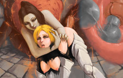  2girls anal asphyxiation bent_over breasts chaos_witch_quelaag choke_hold cleavage covered_erect_nipples dark_souls_(series) dark_souls_i defeat dochyde egg egg_laying femdom green_eyes knight monster_girl multiple_girls nipples open_mouth rape strangling tongue x-ray yuri  rating:Explicit score:124 user:arson-arson