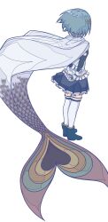 1girl absurdres arms_behind_back blue_hair boots cape from_behind full_body gloves hair_ornament highres holding_own_arm lin_ye_shi_(cool_face) magical_girl mahou_shoujo_madoka_magica mahou_shoujo_madoka_magica_(anime) miki_sayaka miki_sayaka_(magical_girl) oktavia_von_seckendorff oral pleated_skirt short_hair simple_background skirt solo soul_gem standing thighhighs white_background witch_(madoka_magica)
