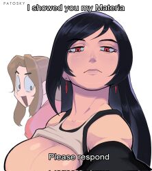  aerith_gainsborough black_hair breast_envy breasts breasts_out brown_hair corrupted_twitter_file crop_top earrings final_fantasy final_fantasy_vii final_fantasy_vii_rebirth final_fantasy_vii_remake girl_staring_at_guys_chest_(meme) highres i_showed_you_my_dick_please_respond_(meme) jewelry large_breasts long_hair meme out-of-frame_censoring patosky red_eyes suspenders tank_top teardrop_earrings tifa_lockhart white_tank_top 