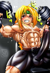  1boy ahoge belt blonde_hair braid bulge clenched_teeth doll_(calmboy) erection erection_under_clothes fingerless_gloves gloves gradient_hair headband huge_penis jewelry long_hair male_focus multicolored_hair muscular navel necklace nipples orange_hair penis rampunch shorts sitting solo spandex sweat teeth testicles veins weights  rating:Explicit score:10 user:james1984