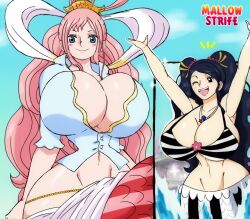  2girls arms_up blue_eyes blush_stickers breasts cleavage curvy female_focus freckles highres huge_breasts ishilly jewelry long_hair looking_at_viewer mallowstrife mermaid monster_girl multiple_girls narrow_waist navel necklace one_eye_closed one_piece pink_hair shirahoshi wide_hips 