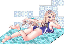  1girl :p anklet ass barefoot blonde_hair blue_eyes bracelet breasts competition_swimsuit enterprise_(warship_girls_r) feet full_body hair_flaps hairband jewelry large_breasts long_hair looking_at_viewer lying nail_polish on_stomach one-piece_swimsuit smile soles solo swimsuit toes tongue tongue_out warship_girls_r weibo_logo z.s.w. 