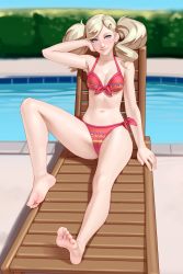  1girl absurdres barefoot bikini blonde_hair blue_eyes blurry blurry_background blush breasts cameltoe chair cleavage closed_mouth feet full_body hair_ornament hairclip highres kairunoburogu looking_at_viewer lounge_chair navel persona persona_5 red_bikini smile soles solo swimsuit takamaki_anne twintails water  rating:Sensitive score:202 user:danbooru