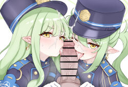  1boy 2girls absurdres armband bar_censor blue_archive blue_armband blush censored cooperative_fellatio cum cum_in_mouth cum_on_hair cum_on_headwear cum_on_tongue daram_(shappydude) ejaculation erection facial fellatio green_hair heart hetero highres hikari_(blue_archive) licking licking_penis loli looking_at_viewer multiple_girls nozomi_(blue_archive) oral penis pointy_ears pov pov_crotch saliva siblings simple_background sisters spoken_heart sweat testicles textless_version tongue tongue_out twins veins veiny_penis white_background 