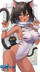  1girl :3 animal_ears animal_print armpits bell black_cat blue_collar blue_ribbon blurry blurry_background breasts brown_hair cat cat_ears cat_tail claw_pose collar commentary_request covered_navel cowboy_shot dark_skin fur-trimmed_collar fur_trim fur_wrist_cuffs highleg highleg_leotard highres hijiki_(deriku4) leotard light_blush medium_breasts medium_hair name_tag neck_bell o-ring o-ring_thigh_strap open_mouth original outside_border pink_nails ribbon solo standing straight-on tail thigh_strap trente white_leotard yellow_eyes 
