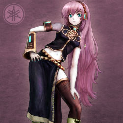  1girl bad_id bad_pixiv_id blue_eyes female_focus hand_on_own_hip highres long_hair looking_at_viewer marimo_(pixiv_516046) megurine_luka pink_hair solo thighhighs very_long_hair vocaloid 