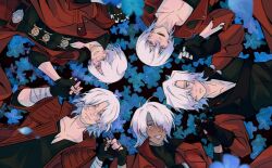  5boys aged_down aged_up black_gloves blue_eyes coat dante_(devil_may_cry) dark-skinned_male dark_skin devil_may_cry devil_may_cry_(series) devil_may_cry_1 devil_may_cry_2 devil_may_cry_3 devil_may_cry_4 devil_may_cry_5 fingerless_gloves gloves hair_between_eyes hair_over_one_eye highres holding holding_hands long_hair looking_at_viewer male_focus multiple_boys one_eye_covered open_mouth smile tan vqingzuo1 white_hair 