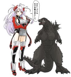  1girl antenna_hair azur_lane black_leotard boots breasts cross cross_earrings detached_sleeves dress earrings flag_print full_body giant giant_monster godzilla godzilla_(series) godzilla_minus_one grey_dress grey_hair hair_between_eyes headgear highres ibuki_(tulta_icon) iron_blood_(emblem) iron_cross jewelry large_breasts leotard long_hair looking_at_viewer mole mole_on_breast multicolored_hair prinz_eugen_(azur_lane) red_hair sideboob smile speech_bubble spines streaked_hair thigh_boots toho two_side_up underboob very_long_hair very_long_tail white_hair 