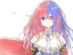  1girl alear_(female)_(fire_emblem) alear_(fire_emblem) blue_eyes blue_hair bow bowtie braid breasts charles_(me-me-moon) crossed_bangs crown_braid fire_emblem fire_emblem_engage floating_cape heterochromia large_breasts long_hair looking_at_viewer multicolored_hair nintendo red_eyes red_hair solo split-color_hair tiara white_bow white_bowtie 