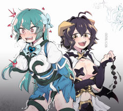  2girls ahoge an_sin anal_beads arms_behind_back bat_brooch bdsm black_gloves black_hair black_pants blue_bow blue_gloves blue_skirt blush bondage bound bow breasts bridal_gauntlets brooch collared_shirt commentary_request corset drooling elbow_gloves fangs femdom forward_facing_horns gloves green_hair groin hair_bow hair_intakes heart heart_ahoge heart_brooch high-waist_skirt highres hiiragi_utena horns jewelry korean_commentary large_breasts leaning_forward long_hair lowleg lowleg_pants magia_azure magia_baiser magical_girl mahou_shoujo_ni_akogarete medium_breasts medium_hair midriff minakami_sayo miniskirt molestation multiple_girls navel no_panties open_mouth pants pasties puffy_short_sleeves puffy_sleeves pussy red_eyes restrained saliva sex_toy sex_toy_pull shirt short_hair short_sleeves simple_background skirt smile star-shaped_pupils star_(symbol) star_brooch star_pasties sweat symbol-shaped_pupils tearing_up teeth tentacle_sex tentacles torn_clothes torn_skirt trembling twitter_username upper_teeth_only vaginal white_background white_shirt white_shrug yellow_eyes yellow_horns yuri  rating:Explicit score:20 user:danbooru
