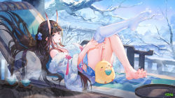  1girl atdan azur_lane bare_shoulders barefoot black_hair dress feet from_side fur_trim highres horns knees_up leg_up long_hair looking_at_viewer looking_to_the_side manjuu_(azur_lane) noshiro_(azur_lane) noshiro_(fragrance_of_the_eastern_snow)_(azur_lane) off_shoulder official_alternate_costume oni_horns open_mouth purple_eyes revision short_dress single_thighhigh sleeveless sleeveless_dress smile soles solo thighhighs thighs toes very_long_hair white_dress white_thighhighs  rating:Sensitive score:63 user:danbooru
