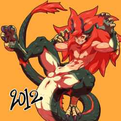  10s 1boy 2012 androgynous anus decko highres horns male_focus monster_boy nipples red_hair simple_background yellow_eyes  rating:Explicit score:34 user:Juni221