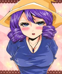  1970s_(style) 1girl between_breasts blue_eyes blush breasts chargeman_ken! dress drill_hair hat hitomi_(chargeman_ken!) jewelry knack large_breasts long_hair looking_at_viewer love_313 maou_(chargeman_ken!) necklace retro_artstyle open_mouth purple_hair retro_artstyle solo witch_hat 