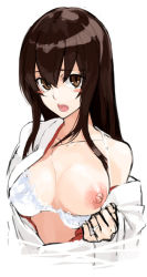 10s 1girl akagi_(kancolle) bad_id bad_pixiv_id bare_shoulders blush_stickers breasts brown_eyes brown_hair japanese_clothes kantai_collection large_breasts long_hair nipples off_shoulder open_mouth ruuto_(sorufu) simple_background solo white_background rating:Questionable score:19 user:danbooru