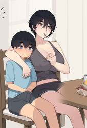  1boy 1girl absurdres age_difference arm_around_shoulder aunt_(pepper0) aunt_and_nephew blue_shirt_brother_(pepper0) blush bulge erection erection_under_clothes highres onee-shota pepper0 shota tagme  rating:Questionable score:237 user:sixesexis