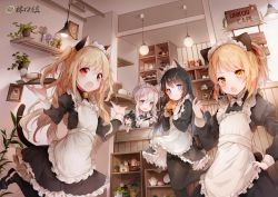 5girls :d amafuyu animal_ear_fluff animal_ears apron bell black_dress black_footwear black_hair black_legwear blonde_hair blue_eyes bow brown_hair burger cat_ears cat_girl cat_tail closed_mouth collared_dress commentary_request cup dress drinking_straw flower food frilled_apron frills green_ribbon hair_ribbon hand_on_own_hip highres holding holding_food holding_tray indoors jingle_bell juliet_sleeves long_hair long_sleeves looking_at_viewer maid maid_apron maid_headdress mini_person minigirl multiple_girls open_mouth original pantyhose pink_flower pink_rose puffy_sleeves purple_flower red_eyes ribbon rose sandwich shelf shoes side_ponytail silver_hair sitting smile standing standing_on_one_leg tail thighband_pantyhose tray two_side_up vase very_long_hair white_apron white_bow rating:Sensitive score:10 user:danbooru