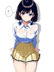  1girl alternate_eye_color arm_support black_hair blue_eyes breasts buttons closed_mouth collared_shirt commentary_request cowboy_shot dot_mouth highres kajino_(aosansai) light_blush long_sleeves looking_at_viewer low_twintails medium_breasts medium_hair miniskirt no_necktie pleated_skirt school_uniform see-through shadow shirt shirt_tucked_in simple_background skirt solo sweaty_clothes tamura_yuri thought_bubble translation_request twintails watashi_ga_motenai_no_wa_dou_kangaetemo_omaera_ga_warui! white_background yellow_skirt 