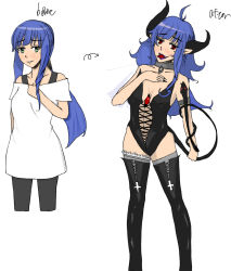  1girl before_and_after blue_hair breasts cleavage corruption demon_girl earrings green_eyes horns jewelry long_hair pointy_ears red_eyes tail tongue tongue_out transformation  rating:Questionable score:19 user:kyothine
