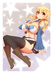  1girl absurdres black_thighhighs blonde_hair boots breasts cleavage fairy_tail highres huge_breasts looking_at_viewer lucy_heartfilia medium_hair midriff miniskirt nail_polish navel peace_symbol skirt sleeveless thighhighs thighs virus-g yellow_eyes  rating:Sensitive score:57 user:adamaq