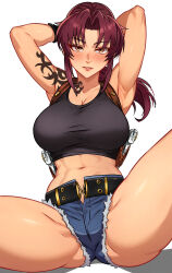  1girl abs absurdres arm_tattoo armpits arms_up black_lagoon black_tank_top blue_shorts blush breasts brown_eyes brown_hair cetta_(cettadvd) cleavage crop_top cutoffs denim denim_shorts hair_intakes highres large_breasts long_hair looking_at_viewer midriff navel parted_lips ponytail revy_(black_lagoon) short_shorts shorts sidelocks sitting solo spread_legs stomach tank_top tattoo thighs  rating:Sensitive score:24 user:danbooru