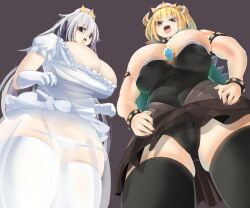 2girls armlet black_collar black_dress black_panties black_thighhighs blonde_hair blue_eyes blush bowsette bracelet breasts bursting_breasts chest_jewel cleavage collar commentary_request covered_erect_nipples covered_navel cowboy_shot crown dress earrings frilled_shirt frills from_below gloves grey_background grey_hair highres horns huge_breasts jewelry lets0020 long_hair looking_at_viewer looking_down luigi&#039;s_mansion mario_(series) medium_bangs multiple_girls new_super_mario_bros._u_deluxe nintendo open_mouth panties pointy_ears princess_king_boo puffy_short_sleeves puffy_sleeves red_eyes see-through see-through_skirt sharp_teeth shirt short_sleeves simple_background skirt sphere_earrings spiked_armlet spiked_bracelet spiked_collar spiked_shell spikes strapless strapless_dress super_crown teeth thighhighs tongue turtle_shell underwear upper_body upper_teeth_only upskirt v-shaped_eyebrows white_gloves white_panties white_shirt white_thighhighs yellow_horns