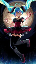 1/6_-out_of_the_gravity-_(vocaloid) 1girl :d absurdres ahoge black_bow black_shirt black_skirt black_thighhighs blue_hair boots bow closed_eyes collarbone corset dot_nose facing_viewer floating floating_hair foot_up full_body full_moon grin hair_bow halter_shirt halterneck hatsune_miku heart heart_ahoge highres kasaki_sakura knees_together_feet_apart layered_skirt miniskirt moon nail_polish night open_hand open_mouth outdoors outstretched_arm pleated_skirt puffy_short_sleeves puffy_sleeves reaching reaching_towards_viewer red_corset red_nails red_skirt shirt short_sleeves skirt smile solo star_(sky) teeth thighhighs thighhighs_under_boots vocaloid zettai_ryouiki 