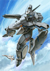  absurdres aircraft airplane arm_shield battroid blue_sky canards canopy_(aircraft) clenched_hand cloud cloudy_sky commentary_request day fighter_jet finger_on_trigger flying full_body green_eyes gun gunpod highres holding holding_gun holding_weapon jet legs_apart machinery macross macross_plus mecha mecha_focus military_vehicle no_humans outdoors painting_(medium) realistic robot roundel scan science_fiction shield signature sky traditional_media u.n._spacy variable_fighter watercolor_(medium) weapon yf-19 youkoumori 