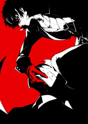  2boys amamiya_ren blood blood_on_face character_request closed_mouth coat eye_mask formal gloves greyscale_with_colored_background hand_on_another&#039;s_face long_sleeves male_focus messy_hair multiple_boys necktie persona persona_5 red_background red_eyes red_gloves short_hair suit zmore 