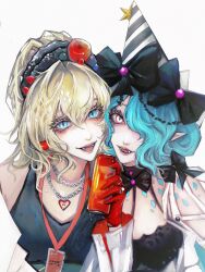  2girls absurdres apple_earrings apple_hair_ornament bianca_(path_to_nowhere) black_bow black_bowtie black_hat black_tank_top blonde_hair blue_eyes blue_hair blue_scales bow bowtie can chain_necklace colored_eyelashes drink_can earrings eyelashes fangs food-themed_earrings food-themed_hair_ornament food-themed_necklace food_themed_earrings gloves grey_eyes hair_bow hair_ornament hair_over_one_eye hair_scrunchie hat heads_together heart heart_necklace highres holding holding_can id_card jewelry looking_at_viewer multiple_girls multiple_necklaces necklace off_shoulder one_eye_covered open_mouth party_hat path_to_nowhere red_gloves scrunchie serpent_(path_to_nowhere) slit_pupils smile soda_can strawberry_hair_ornament tank_top two-tone_hat updo upper_body white_hat yu_zhezhe 
