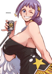  1girl ;) aosora2823 artist_name bare_shoulders breasts carina_(one_piece) cleavage clenched_teeth commentary earrings fingernails highres holding holding_microphone jewelry large_breasts looking_at_viewer microphone one_eye_closed one_piece one_piece_film:_gold purple_eyes purple_hair simple_background smile solo teeth white_background white_wings wings 