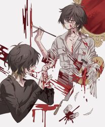  1boy art_brush bad_id bad_pixiv_id bird black_shirt bleeding blood blood_on_clothes blood_on_face blood_on_hands blood_splatter brown_hair cuts dead_animal entrails hand_up hands_up highres holding holding_paintbrush holding_palette injury long_sleeves looking_to_the_side male_focus meremero mirror multicolored_hair multiple_views organs paintbrush painting_(action) palette_(object) palette_knife razor_blade scar scar_on_face self-harm self-harm_scar shirt short_hair slow_damage towa_(slow_damage) upper_body wrist_cutting yellow_eyes 