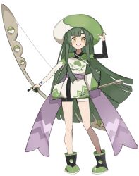  1girl absurdres adapted_costume arrow_(projectile) bike_shorts blunt_bangs blunt_ends blush_stickers boots bow_(weapon) commentary_request creatures_(company) food-themed_hat full_body game_freak gloves green_hair grin hand_on_headwear highres hime_cut hiragi_sage holding holding_bow_(weapon) holding_weapon index_finger_raised japanese_clothes kimono long_hair long_sleeves looking_at_viewer multicolored_clothes multicolored_kimono nintendo partially_fingerless_gloves poke_ball pokemon pokemon_swsh purple_sash quiver sash short_kimono shoulder_strap simple_background single_glove smile solo standing touhoku_zunko very_long_hair voiceroid weapon white_background yellow_eyes zunda_mochi 