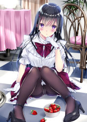  1girl arm_up bad_id bad_pixiv_id black_footwear black_hair black_pantyhose blush bow bowl bowtie bronze_parrot chair checkered_floor commentary_request food frilled_shirt frills fruit gloves hair_between_eyes hair_ornament hairclip high_heels highres indoors knees_together_feet_apart knees_up kobayashi_chisato long_hair looking_at_viewer open_mouth original panties panties_under_pantyhose pantyhose pantyshot plate purple_eyes red_bow red_bowtie red_skirt resolution_mismatch school_uniform shirt short_sleeves sidelocks sitting skirt solo source_smaller strawberry table thighband_pantyhose underwear waitress white_gloves white_panties white_shirt 