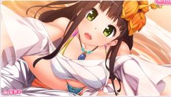  1girl blunt_bangs breasts brown_hair character_request cutoffs dmm dutch_angle eyes_visible_through_hair flower green_eyes hair_flower hair_ornament idol_war_z idol_wars idol_wars_z jewelry large_breasts long_hair looking_at_viewer midriff off_shoulder outstretched_arms pendant reina_oshiro short_shorts shorts spread_legs tagme  rating:Sensitive score:7 user:polaire0916
