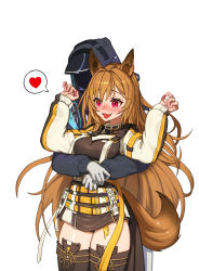  1girl 1other absurdres animal_ears arknights belt belt_pouch black_coat black_footwear black_legwear black_panties blush boots breast_hold breasts brown_dress brown_hair ceobe_(arknights) coat commentary covered_face cowboy_shot cropped_jacket cross-laced_clothes cross-laced_legwear doctor_(arknights) dog_ears dog_tail dress embarrassed english_commentary eyebrows_visible_through_hair fang gloves hair_between_eyes heart hellk111 highres hood hood_up hooded_coat hug hug_from_behind jacket lips long_hair long_sleeves medium_breasts mixed-language_commentary multiple_belts open_clothes open_jacket open_mouth oripathy_lesion_(arknights) panties panty_peek pink_eyes pouch short_dress simple_background skin_fang spoken_heart strap surprised sweat sweatdrop tail thigh_boots thighhighs thighs underwear very_long_hair white_background white_gloves white_jacket 
