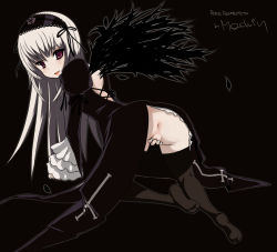  00s 1girl all_fours anus ass bent_over black_wings female_masturbation fingering flower from_behind goth_fashion highres looking_back madkaiser masturbation pale_skin presenting purple_eyes pussy red_eyes rose rozen_maiden simple_background smile socks solo suigintou thighhighs white_hair wings  rating:Explicit score:75 user:garrett1502