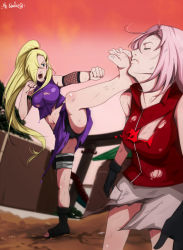  2girls bandages blonde_hair clenched_hand closed_eyes feet fighting fishnets gloves hair_ornament hair_over_one_eye hairclip haruno_sakura holster injury kicking long_hair multiple_girls naruto naruto_(series) open_mouth pink_hair ponytail sbel02 scar scratches thigh_holster toes torn_clothes violence yamanaka_ino  rating:Sensitive score:84 user:ghystret