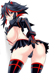 10s 1girl absurdres ass black_hair blue_eyes blush breasts clenched_teeth embarrassed covered_erect_nipples from_behind hairpods highres horns kill_la_kill konno_tohiro large_breasts looking_back matoi_ryuuko multicolored_hair red_hair revealing_clothes school_uniform senketsu short_hair skirt solo suspenders sweat teeth thighhighs thong two-tone_hair rating:Questionable score:162 user:danbooru