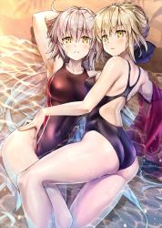 2girls artoria_pendragon_(all) artoria_pendragon_(fate) ass beach black_bow black_one-piece_swimsuit blonde_hair bow braid breasts commentary_request competition_swimsuit covered_navel cowboy_shot crown_braid fate/grand_order fate/stay_night fate_(series) hair_bow jacket jeanne_d&#039;arc_(fate) jeanne_d&#039;arc_alter_(avenger)_(fate) jeanne_d&#039;arc_alter_(fate) koyuki_(kotatsu358) large_breasts long_hair looking_at_viewer lying multiple_girls one-piece_swimsuit saber_alter sand silver_hair swimsuit unworn_jacket water waves yellow_eyes yuri rating:Sensitive score:36 user:danbooru