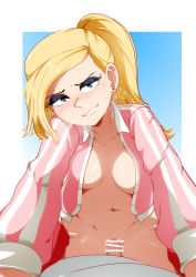  1girl bar_censor blonde_hair blue_background blue_eyes border breasts breasts_apart censored clenched_teeth courtney_babcock cowgirl_position earrings eyeshadow facing_viewer freckles gradient_background hetero high_ponytail highres jacket jcm2 jewelry looking_at_viewer makeup medium_breasts navel_piercing open_clothes open_jacket paranorman piercing pink_jacket pov sex simple_background spread_legs straddling sweat swept_bangs teeth track_jacket vaginal white_border  rating:Explicit score:477 user:surveyork