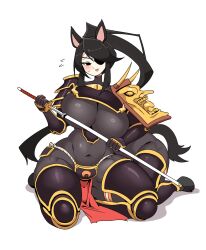  1girl animal_ears armor black_bodysuit black_eyes black_hair blush bodysuit breasts centaur commentary_request covered_navel eyepatch flying_sweatdrops full_body gauntlets hair_between_eyes highres holding holding_sword holding_weapon hooves horse_ears horse_tail japanese_armor korean_commentary kote large_breasts long_hair looking_at_viewer mannungei monster_girl multiple_legs muneate open_mouth original pelvic_curtain ponytail shadow sheath shoulder_armor sidelocks simple_background sitting solo suneate sweat sword tail taur unsheathing very_long_hair weapon white_background 
