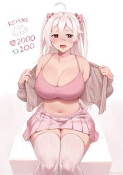 1girl bare_shoulders bow breasts brown_jacket choker cleavage commentary crop_top english_commentary fang hair_between_eyes hair_bow hair_ornament hand_up highres iwbitu jacket large_breasts long_hair long_sleeves looking_at_viewer meme midriff miniskirt navel nyopu off_shoulder open_mouth original pink_bow pink_choker pink_shirt pink_skirt pleated_skirt shirt sitting skin_fang skirt smile solo thick_eyebrows thick_thighs thighhighs thighs twitter_strip_game_(meme) undressing white_hair white_thighhighs rating:Sensitive score:57 user:danbooru