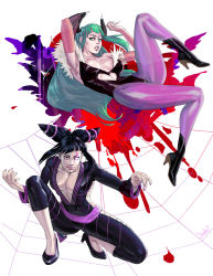  2girls alternate_costume black_hair bodysuit boots breasts capcom center_opening cleavage clothing_cutout collarbone commentary company_connection crossover demon_girl diepod drill_hair elbow_gloves full_body gloves glowing glowing_eye green_eyes green_hair hair_ornament han_juri head_wings heart heart_cutout high_heels highres large_breasts leotard licking_lips lips long_hair morrigan_aensland multiple_girls no_bra on_one_knee pantyhose pink_gloves purple_eyes purple_legwear short_twintails side_slit sideboob silk simple_background spider_web spiked_hair street_fighter street_fighter_iv_(series) tongue tongue_out twin_drills twintails vampire_(game) wings  rating:Sensitive score:22 user:danbooru
