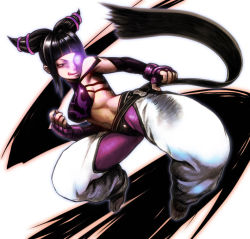  1girl :q bad_id bad_pixiv_id bare_shoulders barefoot black_hair breasts capcom drill_hair dudou feet fingerless_gloves gloves glowing glowing_eye halterneck halterneck han_juri medium_breasts short_hair sideboob solo street_fighter street_fighter_iv_(series) toeless_legwear tongue tongue_out twin_drills yuzuriha_(active_homing)  rating:Sensitive score:26 user:danbooru