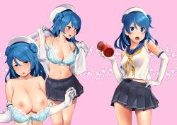  &gt;:o 1girl blue_bra blue_eyes blue_hair bra bra_pull breasts cleavage clothes_pull cowboy_shot double_bun elbow_gloves gloves hair_bun hand_on_own_hip hat kantai_collection large_breasts medium_hair midriff_peek multiple_views navel nipples open_clothes open_shirt pink_background pleated_skirt shirt simple_background skirt sleeveless sleeveless_shirt tenga underwear undressing urakaze_(kancolle) v-shaped_eyebrows wa_(genryusui) white_gloves  rating:Questionable score:18 user:danbooru